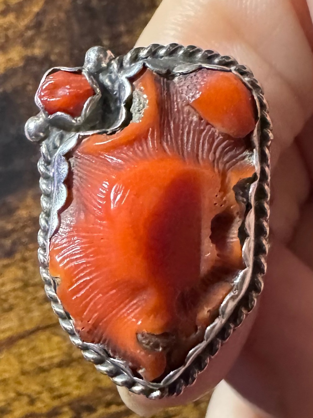 Native Navajo Handcrafted Orange Coral Sterling Ring -Artisan EH GREY Size 9